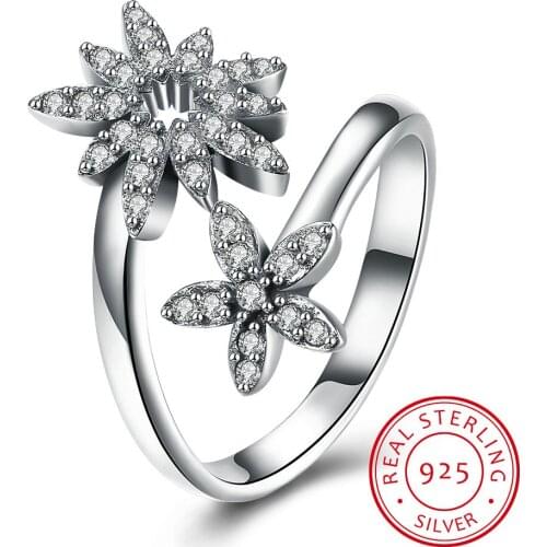UFOORO fine s925 sterling silver openwork jewelry cz flower floral ring with leaves for women party gift engement ring jewellery