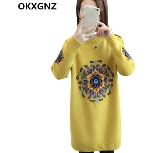 2019 Elegant Long Sleeve O-neck Long Sweater Dress Women Autumn Winter Print Knitted Dress Female A-line Casual Bodycon Dresses