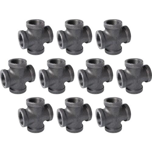 10 Packs Pipe 4 Way Cross Black Cast Iron Pipe Decor Pipe Fitting with Thread Hole for Vintage Retro Steampunk Industrials