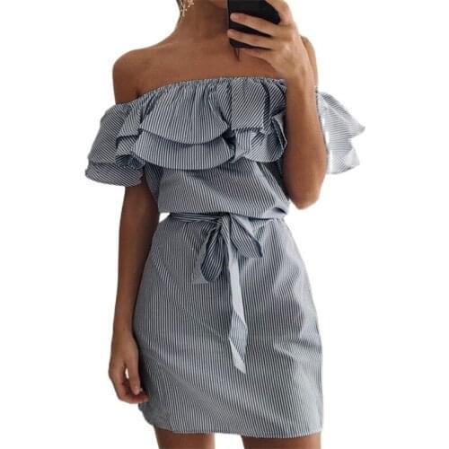 2020 Pink Sexy Like Girl Dresses Mini Beach Dress Slash Neck Off Shoulder Ruffles Stripe Straight Loose drop shipping YS149