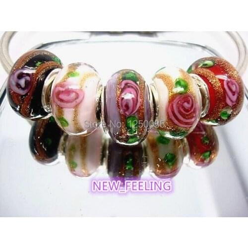 50pcs Beautiful Mixed color Rose Flower Design European Lampwork Glass Beads Fit European Charm Bracelet LGB95