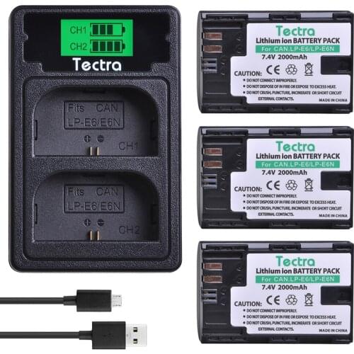 7.4v 2000mAh LP-E6 LP E6 LP-E6N batteries+LCD Dual Charger with Type C Port for Canon EOS 5DS 5D Mark II III 6D 7D 60D 70D
