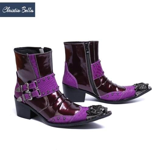 Christia Bella Man Formal Party Ankle Boots Large Size Real Leather Zip Boots Pointed Toe Biritish Style Cowboy Motorcycle Boots
