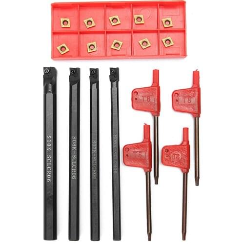 4pcs 6/7/8/10mm SCLCR06 Turning Tool Holder Lathe Boring Bar With 10pcs CCMT060204 Inserts