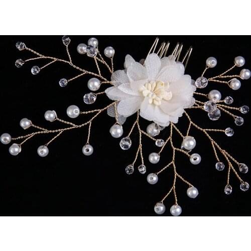 Bridal Hair Combs Crystal Golden Flowers Imitation Pearl Hand Hair Insert Wedding hair Accessories