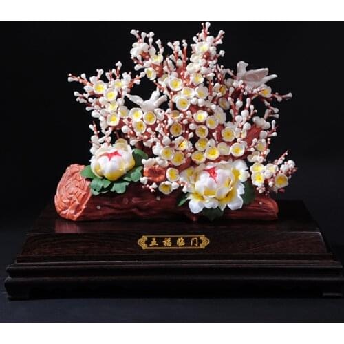 The art collection of large flower Home Furnishing peony flower ornaments of Dehua ceramic products Five blessings descend upon