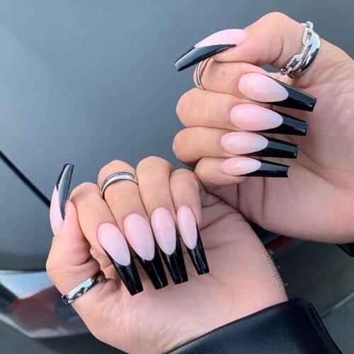 24Pcs Artistic French False Nails Ballerina Detachable Long Coffin Stiletto Fake Nails Full Cover Nail Tips With Press Glue