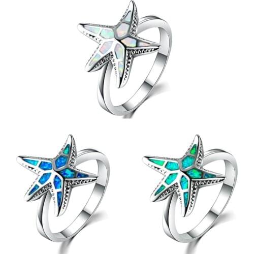 Cute Women Ring Fashion Blue Fire Opal Starfish Ring For Women Accessories Jewelry Bohemian Statement Party Gift