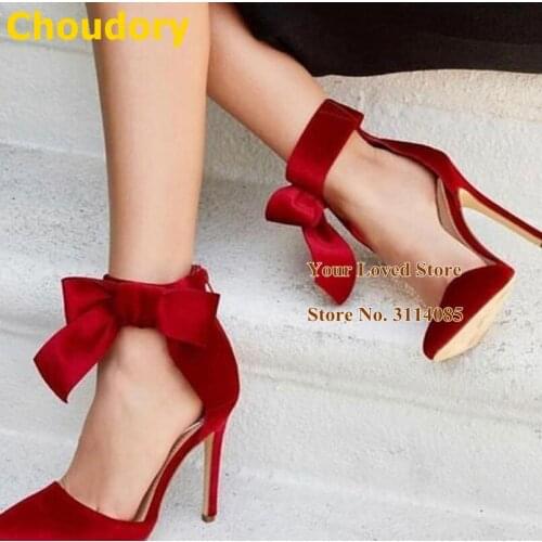 Choudory Red Satin Wedding Shoes Big Bowtie Embellished High Heels Pointed Toe Butterfly-knot Sandals Runway Party Shoes Pumps