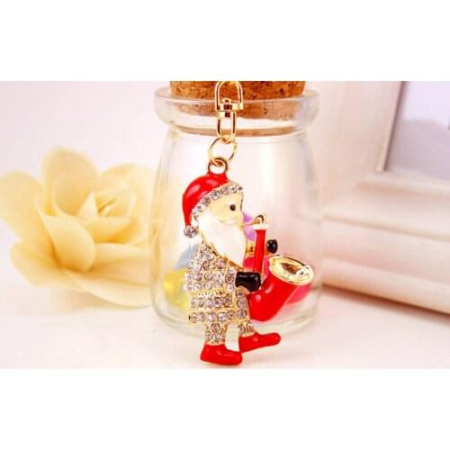 Creative Cute Cartoon Crystal Rhinestone Santa Claus Keychain Gold Metal Colorful Galss Santa Claus Keychains Christmas Present