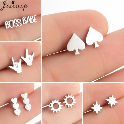 Creative Stainless Steel Spade Heart Earrings for Women Men Punk Old English Letter BOSS BABE Ear Studs Gesture Sun Accessories