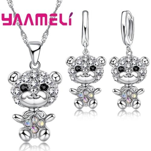 Cool 925 Sterling Silver CZ Stone Animal Bear Charms Necklace Hoop Earring Pendant Jewelry Sets Best Gifts for Female