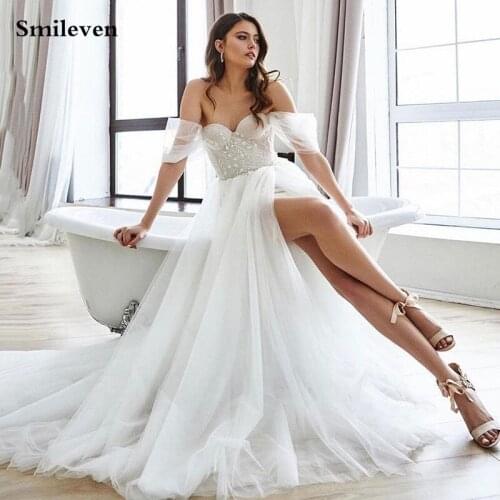 LORIE Modest Wedding Dresses Beach A Line Sweetheart Neck Side Split Wedding Gowns Puffy Tulle Bride Dress Vestido de noiva