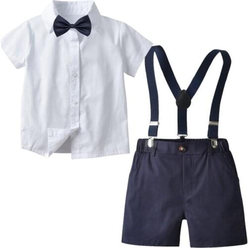Toddler Boy Clothes Kids Sets White Shirt + Nary Shorts with Suspenders Children Holiday Outfits Short Sleeve