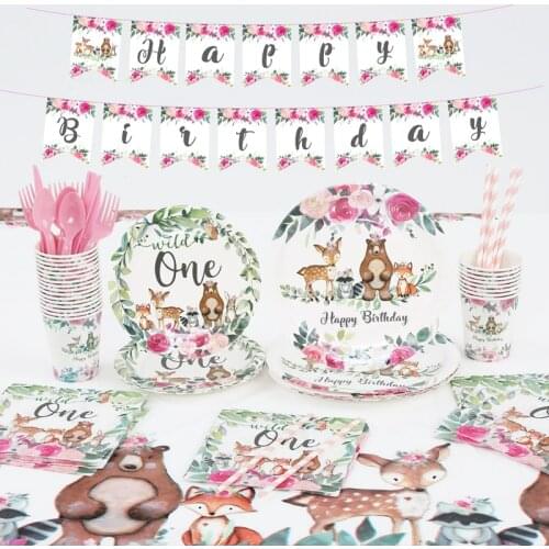 Flower Plant Bear Deer Fox Wild One Childrens First Birthday Anniversary Disposable Paper Cup Plate Napkin Tableware Supplies