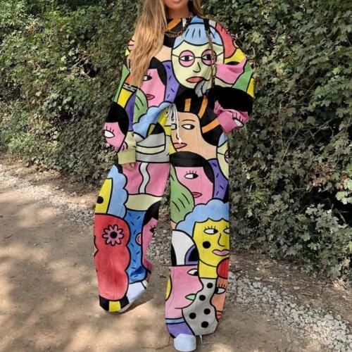 Yellow White Stitching Printing Casual Retro Thin Sweatshirt 2-piece Suit Ladies Sportswear Streetwear Plus Size Autumn