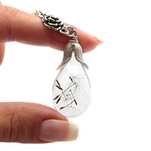 2PCS 30x18MM Glass Tear Drop Dandelion Real Seed Globe Necklace Make A Wish Glass Bead Orb Natural dandelion seed Necklace