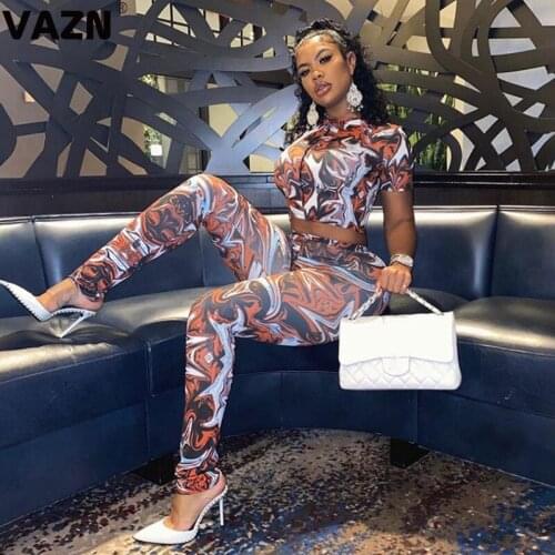 VAZN 2020 New High Street Soft Elastic Retro Turtleneck Full Sleeve Top High Waist Long Pants Skinny Women 2 Piece Set