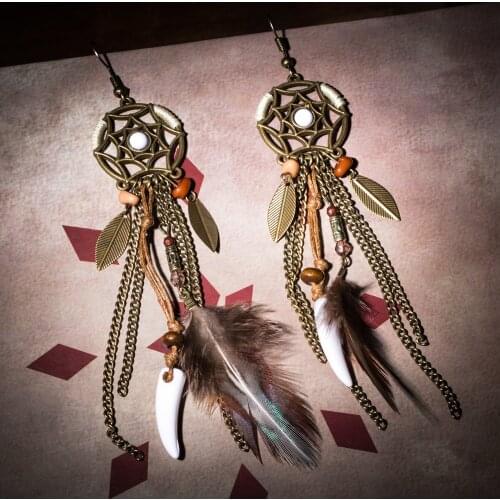 Statement long feather tassel fringe dangle drop earrings Indian ethnic vintage luxury wedding party jewelry 2017 for women