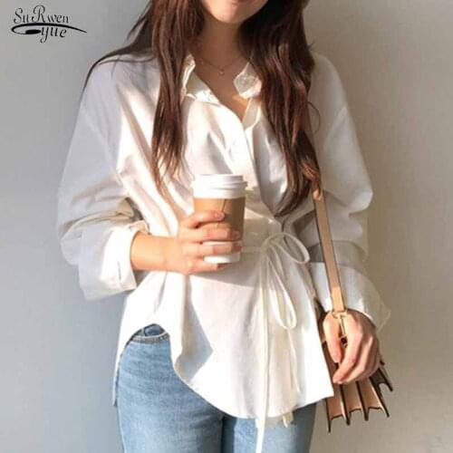 Women Korean Style Slim Solid Tops 2021 Autumn Long Sleeve Lapel Sashes Blouse Women Blouse Cotton Casual Shirts Blusas 11249