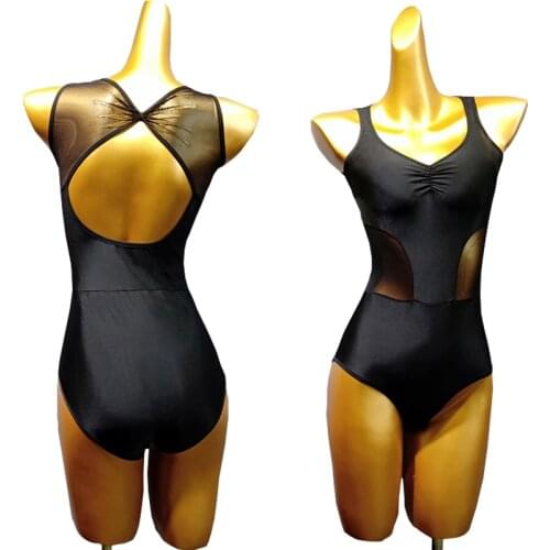 Black leotard for dance top dance lingerie pole dance clothing female jumpsuit dance backless Velcro suits Latin top v-neck