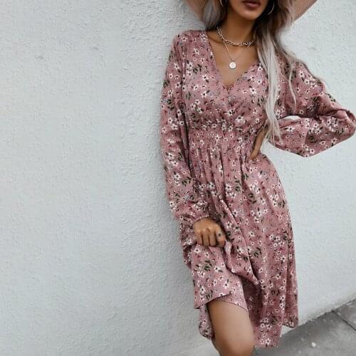 Happie Queens women floral print full sleeve beach slim Bohemian midi dress Ladies v-neck Boho sundress vestidos