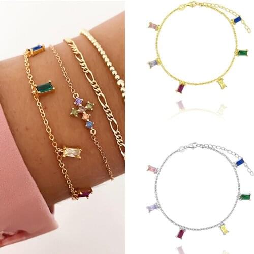 Adjustable 925 Sterling Silver Bracelet for Women Square Colorful Crystal Charm Bracelet for Girls Wedding Jewelry Gift