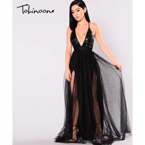 Tobinoone Mesh backless women dress Elegant v neck evening maxi christmas dress Summer sexy long party dress vestido festa 2020