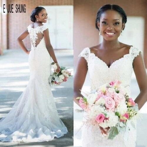 E JUE SHUNG Elegant Mermaid Wedding Dresses V Neck Cap Sleeves Button Back Lace African Wedding Gowns vestido de noiva