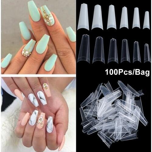 100Pcs False Nail Tips Fake Nails Art Acrylic Half Cover French Ballerina Coffin Manicure UV Gel DIY Beauty Tools Clear/Natural