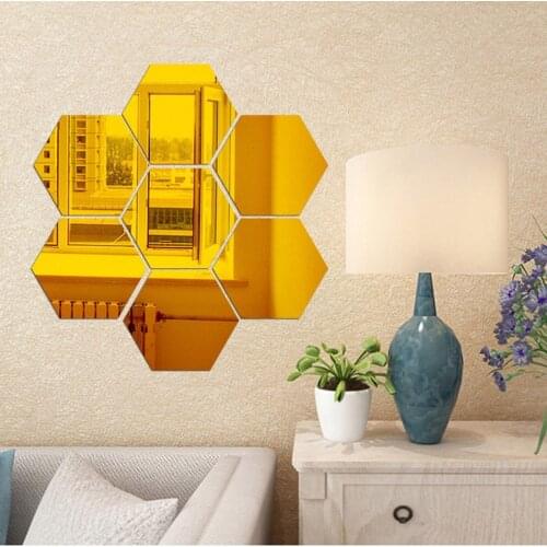 12 PCS Top-spring Hexagons Mirror Tile Wall Sticker 3D Acrylic Mirror Wall Sticker Decor Stick On Modern Decal for Home u