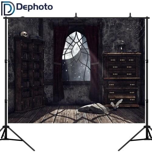 Dephoto Old Bookshelf Photography Backdrop Halloween Haunted House Spider Web Photo Background Decoration Photographic Props