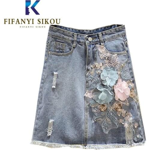Embroidery Beading Denim Skirt Women Summer Fashion Hole High waist Mini Skirt Female Loose Plus Size A-Line Jeans Skirts 2020