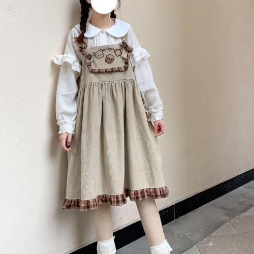 HOUZHOU Kawaii Dress Woman Lolita Sweet Cute Bear Corduroy Ruffle Slip Dresses Plaid Patchwork Sleeveless Sundresses Japanese