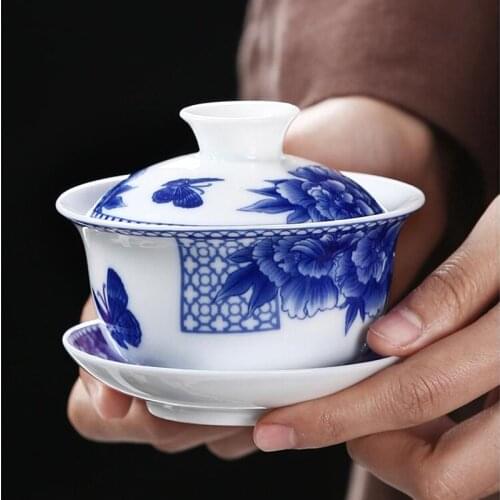 Cover Bowl Tea Cup Jingdezhen White Porcelain Tea Set Large Tea Bowl Blue and White Porcelain Hand Painted Single Sancai Gaiwan