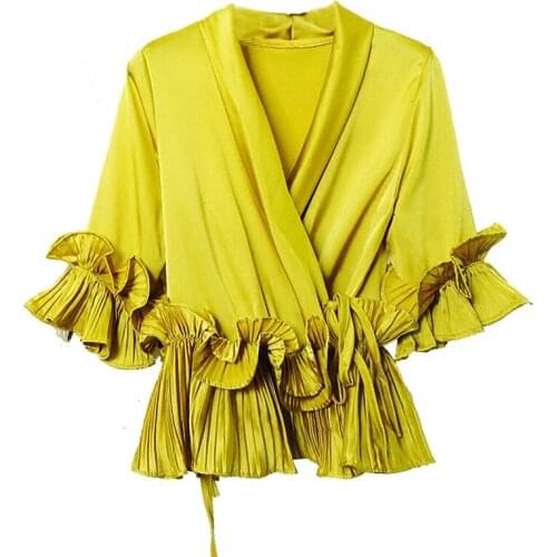 Summer Womens V Neck 3/4 Ruffles Sleeve Bow Yellow White Blouse , Spring Fashion Female Women Pleated Loose Grey Black Blouses