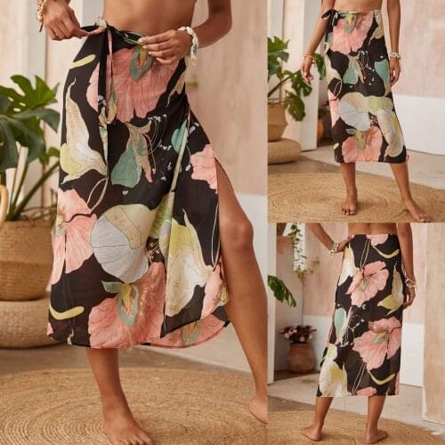 SAGACE Fashionable summer chiffon skirt, lotus leaf print belt beach skirt, 2021 summer fashion new seaside holiday womens wear