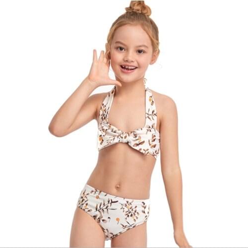 Kids Girl’s Cute Two Piece Split Swimsuit Swimwear Fresh Plant Printing Halter Tops and Mid Waist Triangle Shorts Bathing Suit