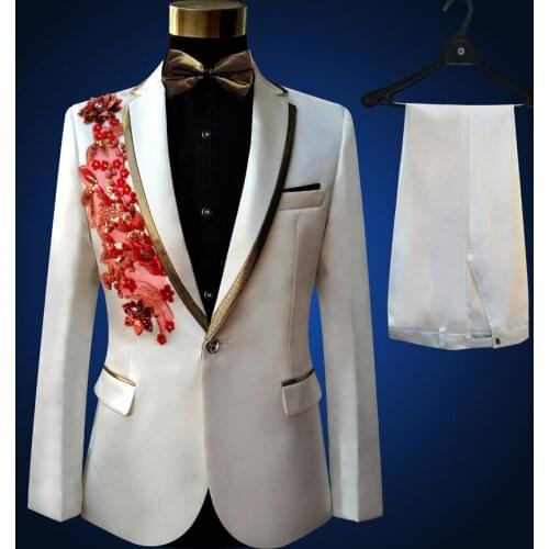Passionate Male Singer Host Evening Party Clothing Stage Wear Embroidered Paillette Flower Suits Men Slim Red Wedding Suits Set