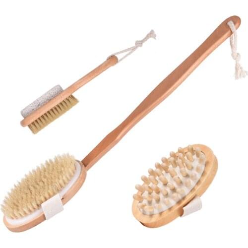 Dry Brush 100% Natural Bristles & Wooden Handle Body Exfoliation Skin Beauty Brush with Air Cushion Massager & Pumice Stone