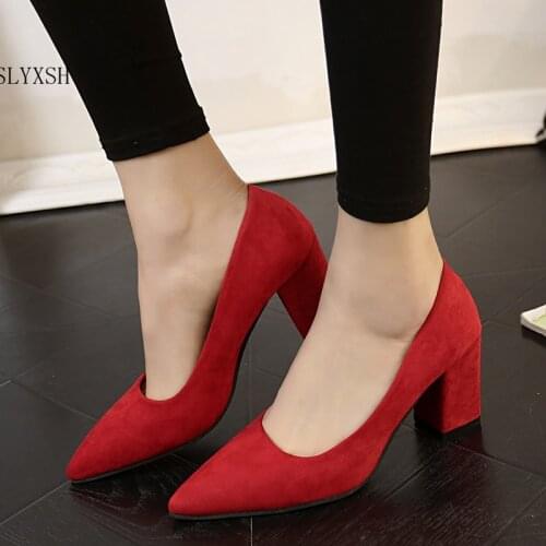 SLYXSH Pumps 2018 Pointed high-heeled shoes with heel with a shallow mouth female red bride shoes black wild suede shoes