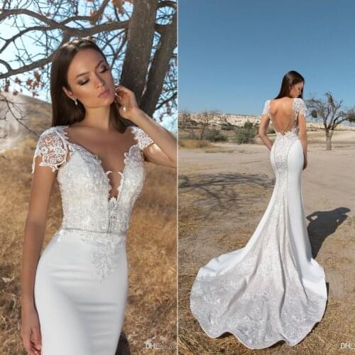 Gorgeous 2021 Satin Mermaid Wedding Dress Beaded Lace Appliqued Robe De Mariee Boho Short Sleeve Country Bride Gowns