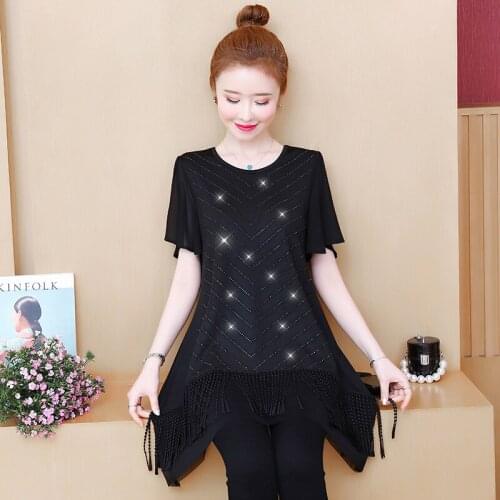 M-5XL Women Loose Tops Summer 2021 Fashion Hot Drilling Tassel Short-sleeve Pullovers Mid-Long Base Blouse T-shirt