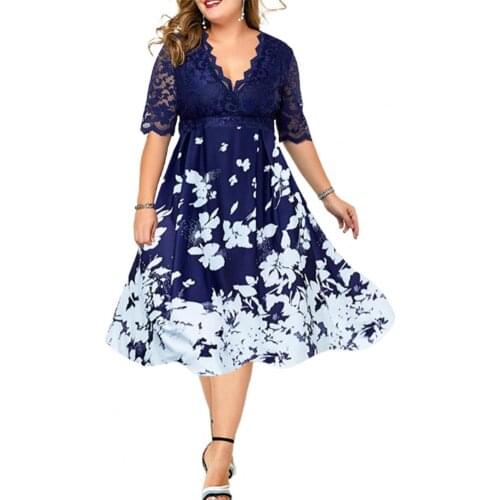 Formal Dress Women Summer Lace Patchwork V Neck Elegant Short Sleeve Evening Party Wedding Dress Blue xxxxxxl plus size vestidos