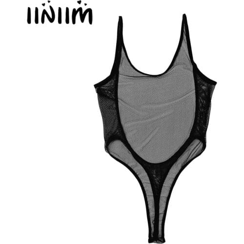 Iiniim Womens Femme Lingerie Teddies Nightwear Bodycon Fishnet See Through Sheer Transparent Backless High Cut Bodysuit Costumes