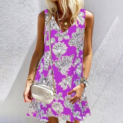 Women Dresses Summer 2021 Womens Fashion V-neck Sleeveless Insect Print Plus Size Loose Casual Dress Beach Sundress Mini Dress