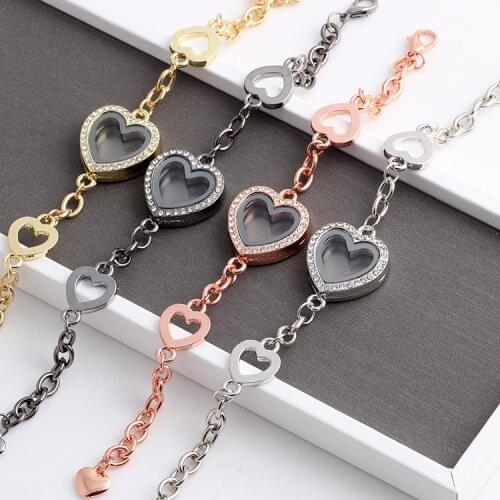 10pcs/lot New Heart Floating Locket Charm Bracelet & Bangles Rhinestone Glass Living Memory Locket Pendant Bracelets Women