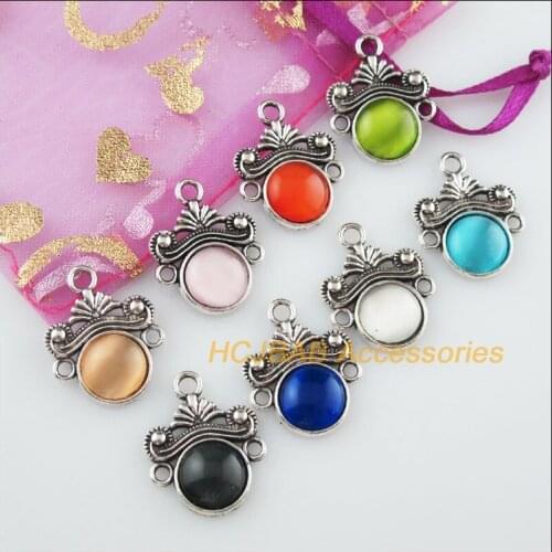 8 New Flower CatEye Stone Connectors Mixed Charms Tibetan Silver Pendants 18x23mm