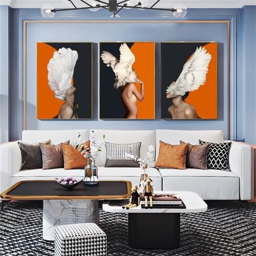 Abstract Women Head Wing Wall Art Poster And Print Flower Feather Orange Canvas Painting Nordic Picture Living Room Home Decor