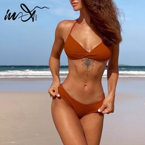 In-X Halter bikinis 2021 mujer Micro swimsuit women Sexy swimwear female Solid bathing suit 2 pieces set String biquini summer